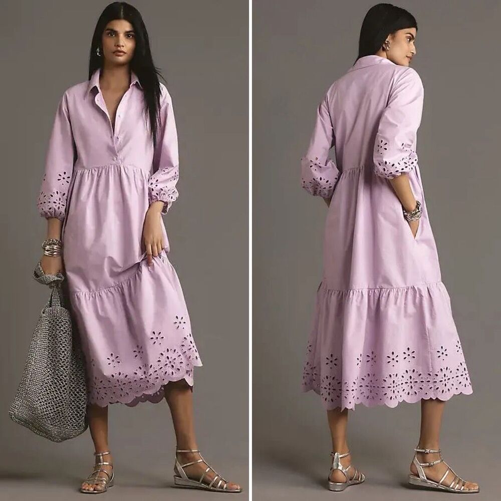 Maeve The Bettina Tiered Shirt Dress in Lavender Eyelet Size XL